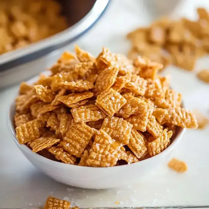 A bowl with golden, crunchy cereal pieces sits on a white table, with a few pieces scattered around.