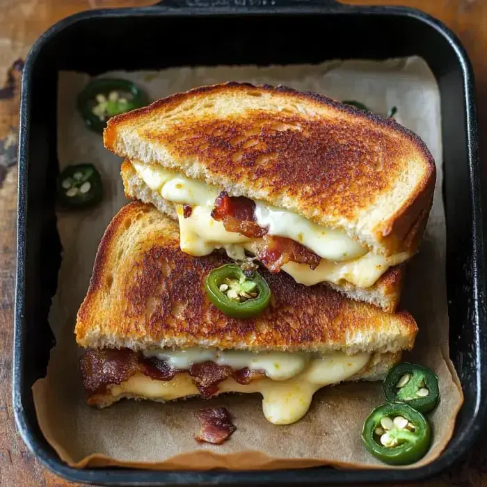 Super close shot of a golden grilled cheese stacked high with bacon and topped with fresh jalapeño slices.