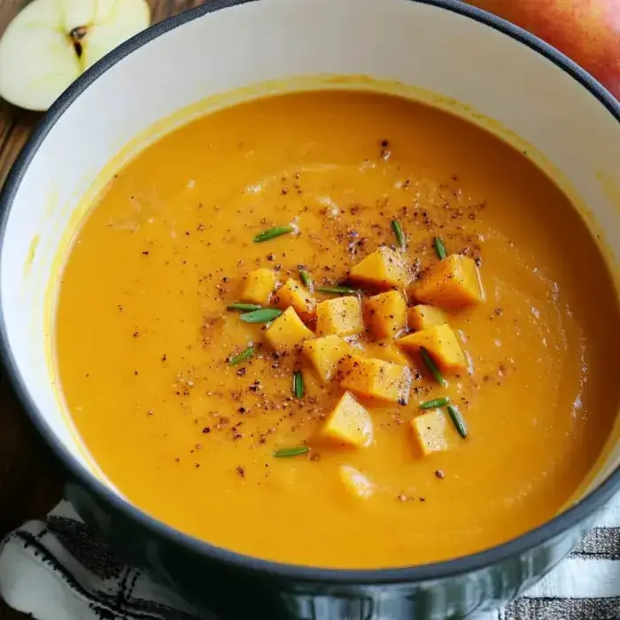 Bright orange soup in a bowl, scattered veggie bits and herbs on top, and an apple peeking from behind.