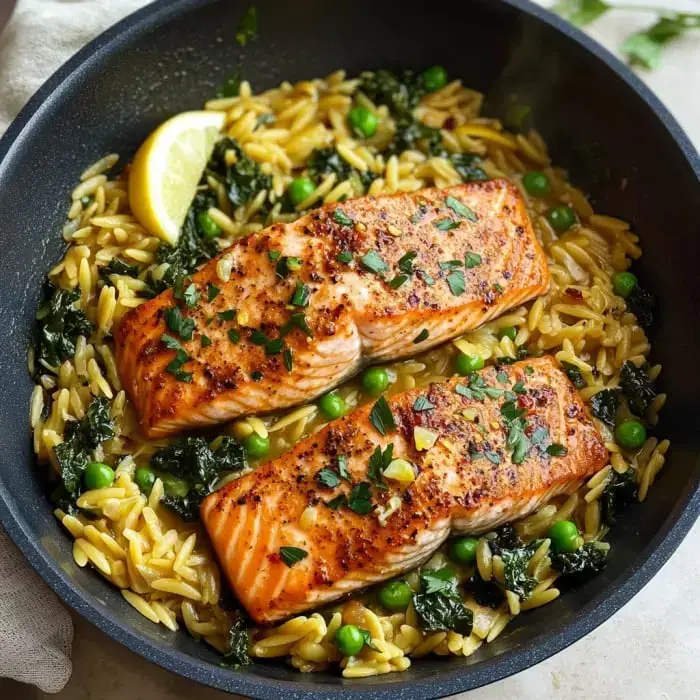 Big skillet with orzo and salmon pieces, sprinkled with chopped parsley and mixed with peas and greens, plus a lemon wedge on the side.