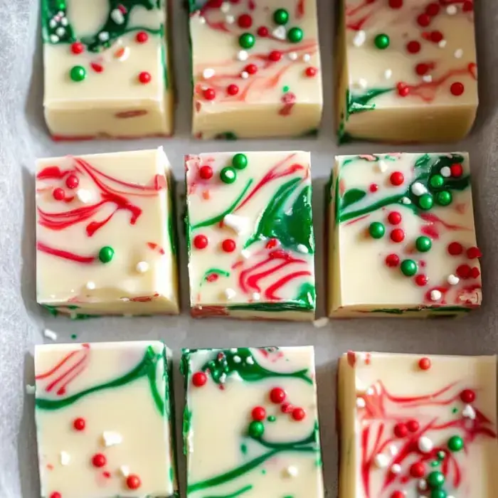 Holiday fudge squares from above, decked out with red, green, and white sprinkles.