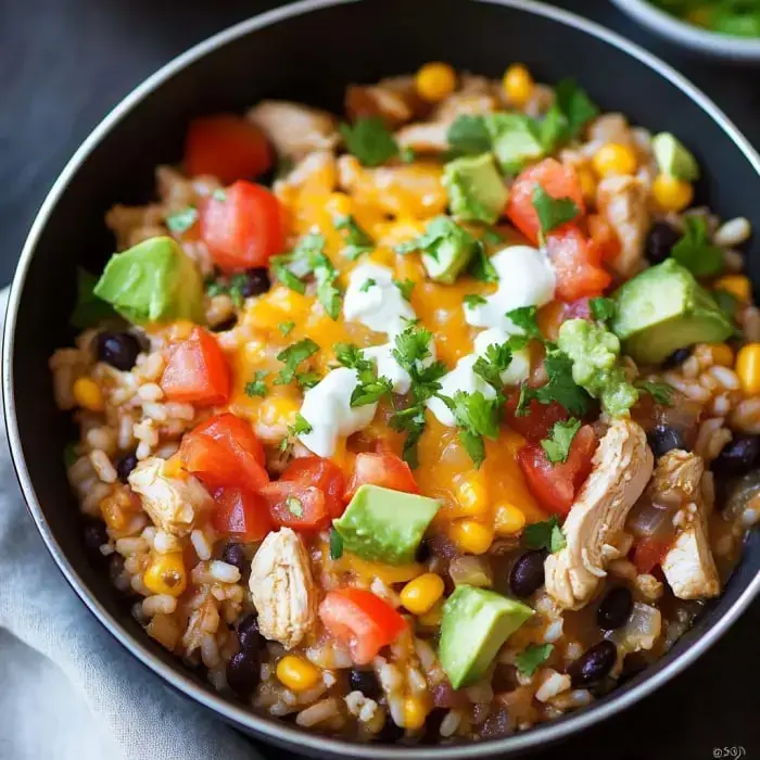 A bright bowl loaded with rice, pulled chicken, beans, sweet corn, chopped tomatoes, gooey cheese, creamy avocado, sour cream, and a sprinkle of cilantro.