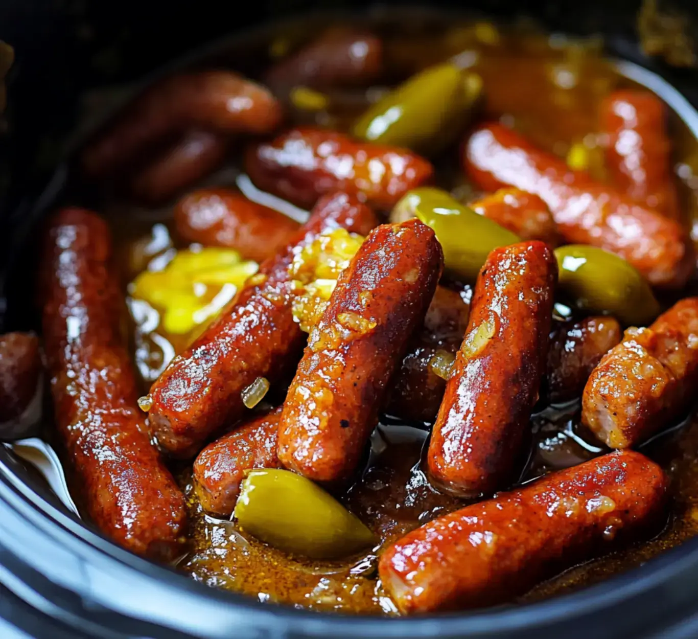 Cooked mini sausages covered in a rich sauce, topped with fresh cut onions and peppers in a slow cooker.