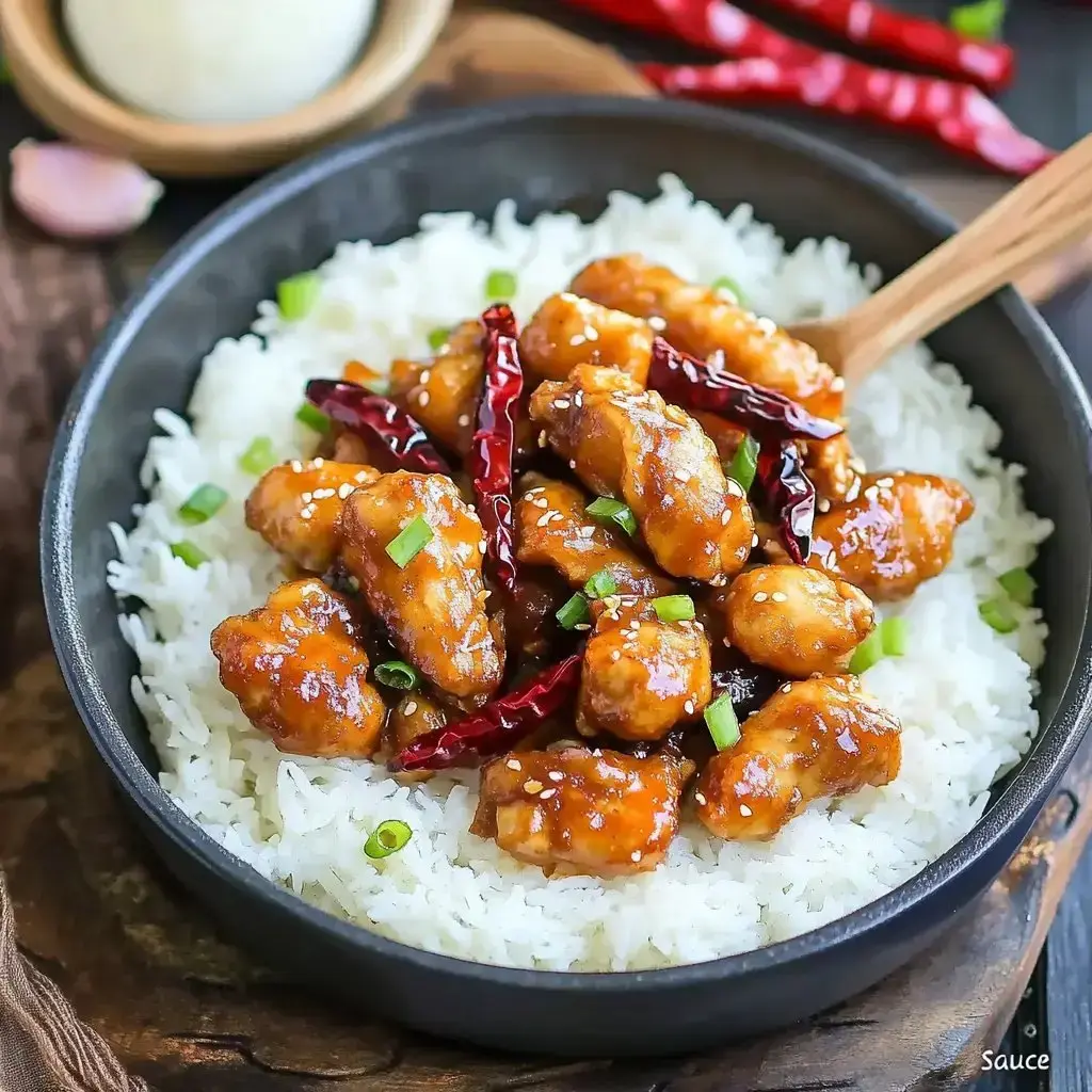 Chunks of sticky glazed chicken with dried chilies and green onion on fluffy rice in a black bowl.
