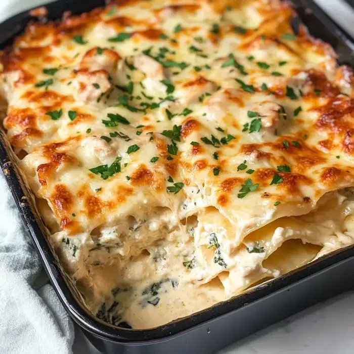 Cheesy lasagna with tender chicken, pasta, spinach, and bubbly cheese on top finished with parsley.