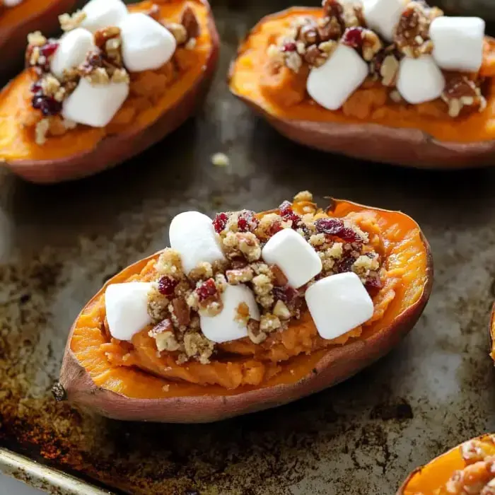 A tray holds baked sweet potatoes topped with gooey marshmallows, toasty pecans, and a sweet crumb mixture.