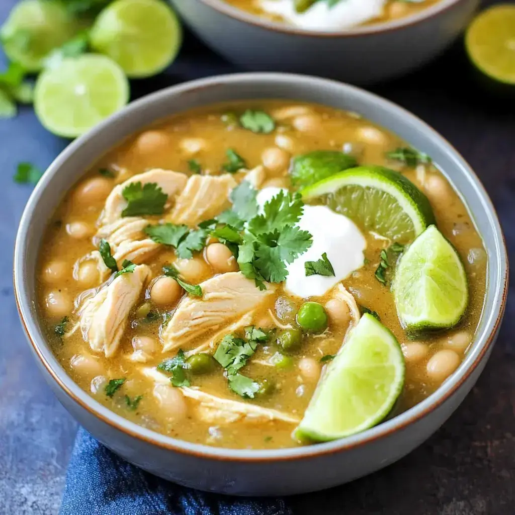 Green chicken chili in a bowl with lime wedges, cilantro, and a little sour cream on top.