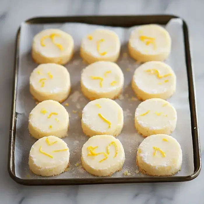 A tray with round lemon cookies, sugar on the outside and strips of lemon zest scattered up top.