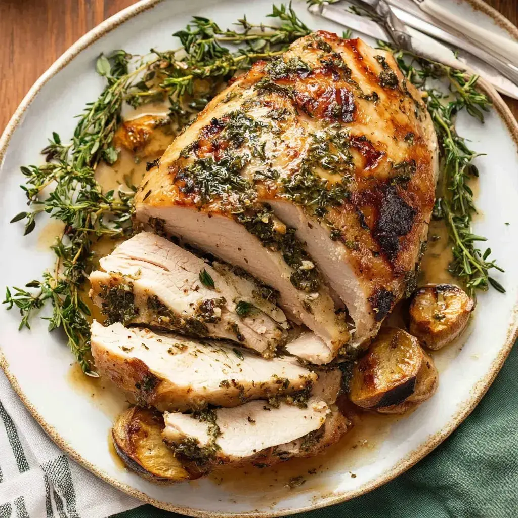 Sliced turkey breast with fresh herbs and gravy, all topped with thyme, sitting on a serving plate.