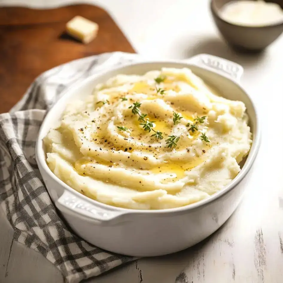 A serving bowl filled with mashed potatoes—smooth, dripping with olive oil and a scatter of black pepper and fresh thyme—resting on a checkered napkin.