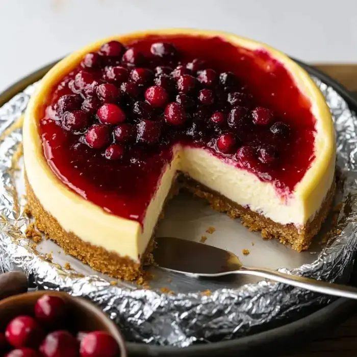 A creamy cheesecake decorated with glossy cranberry topping and whole cranberries sitting on a silver plate.