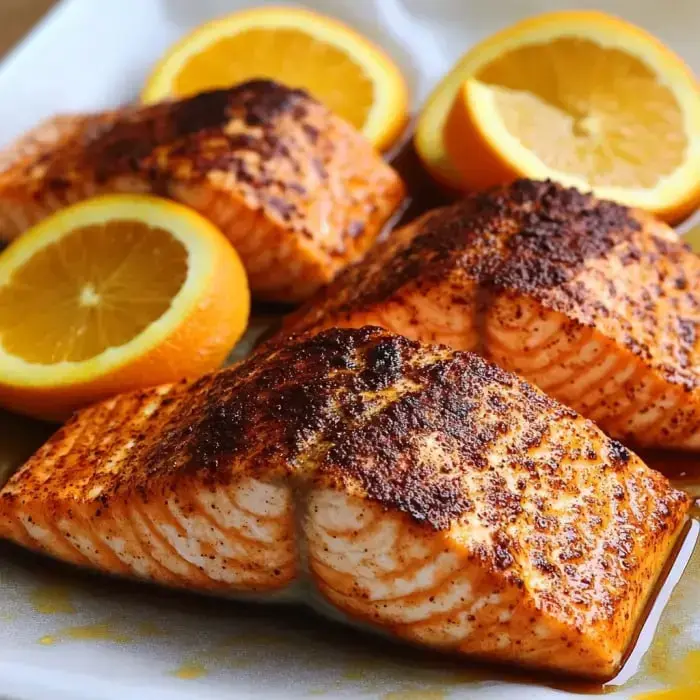 Grilled salmon fillets sit on a plate with fresh lemon slices nearby.