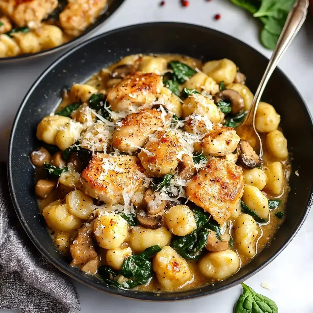 A bowl filled with chicken on top of golden gnocchi, sautéed mushrooms and spinach, and a dusting of cheese.