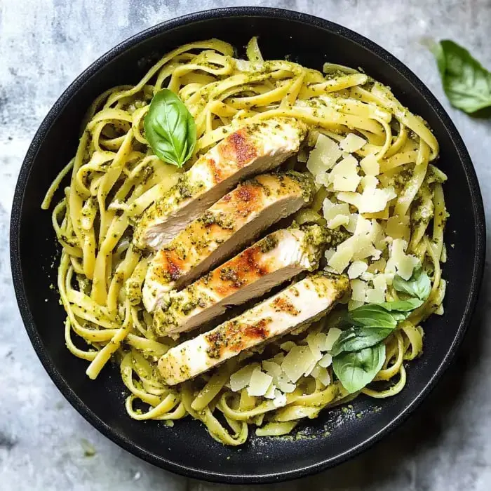 A deep black bowl loaded with creamy pesto-tossed pasta, sliced golden chicken, ribbons of parmesan, and fresh basil scattered on top.