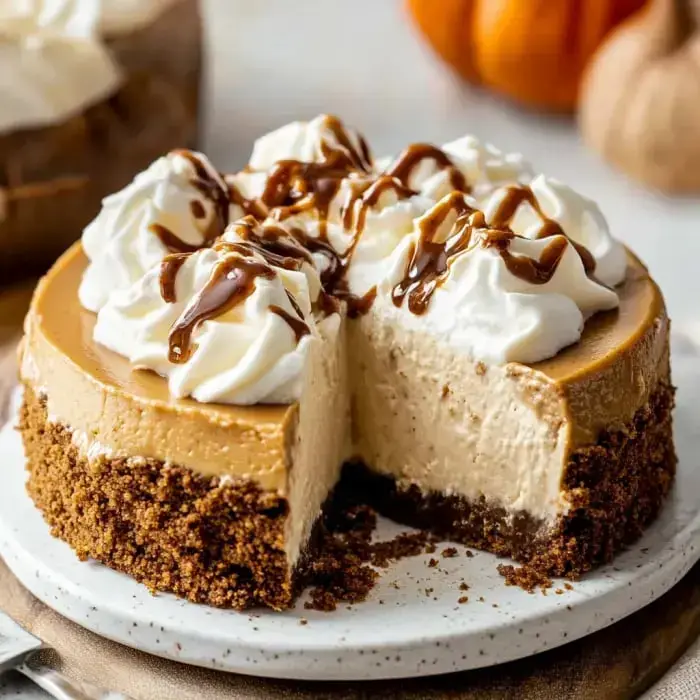 Creamy slice of pumpkin cheesecake with chocolate and whipped cream on a speckled plate.
