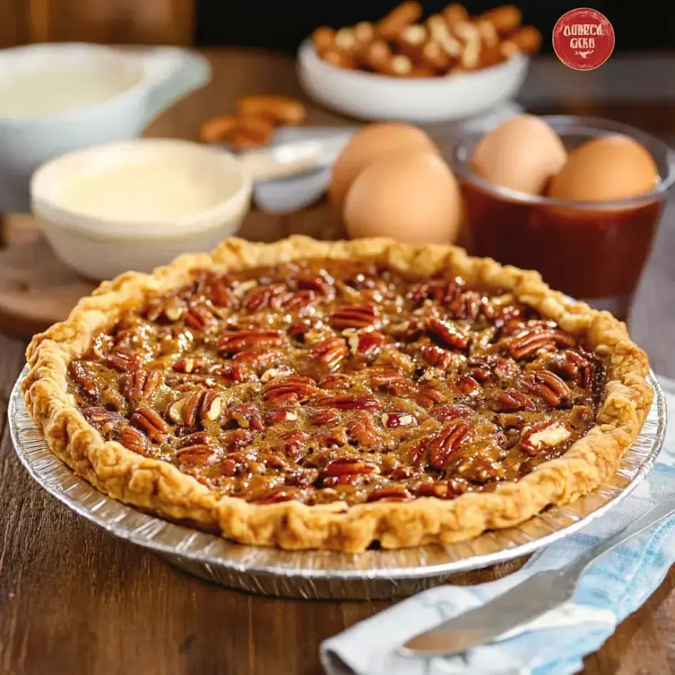 A golden pecan pie sits on a wooden board, surrounded by small bowls of eggs, cream, and syrup with the pie as the centerpiece.