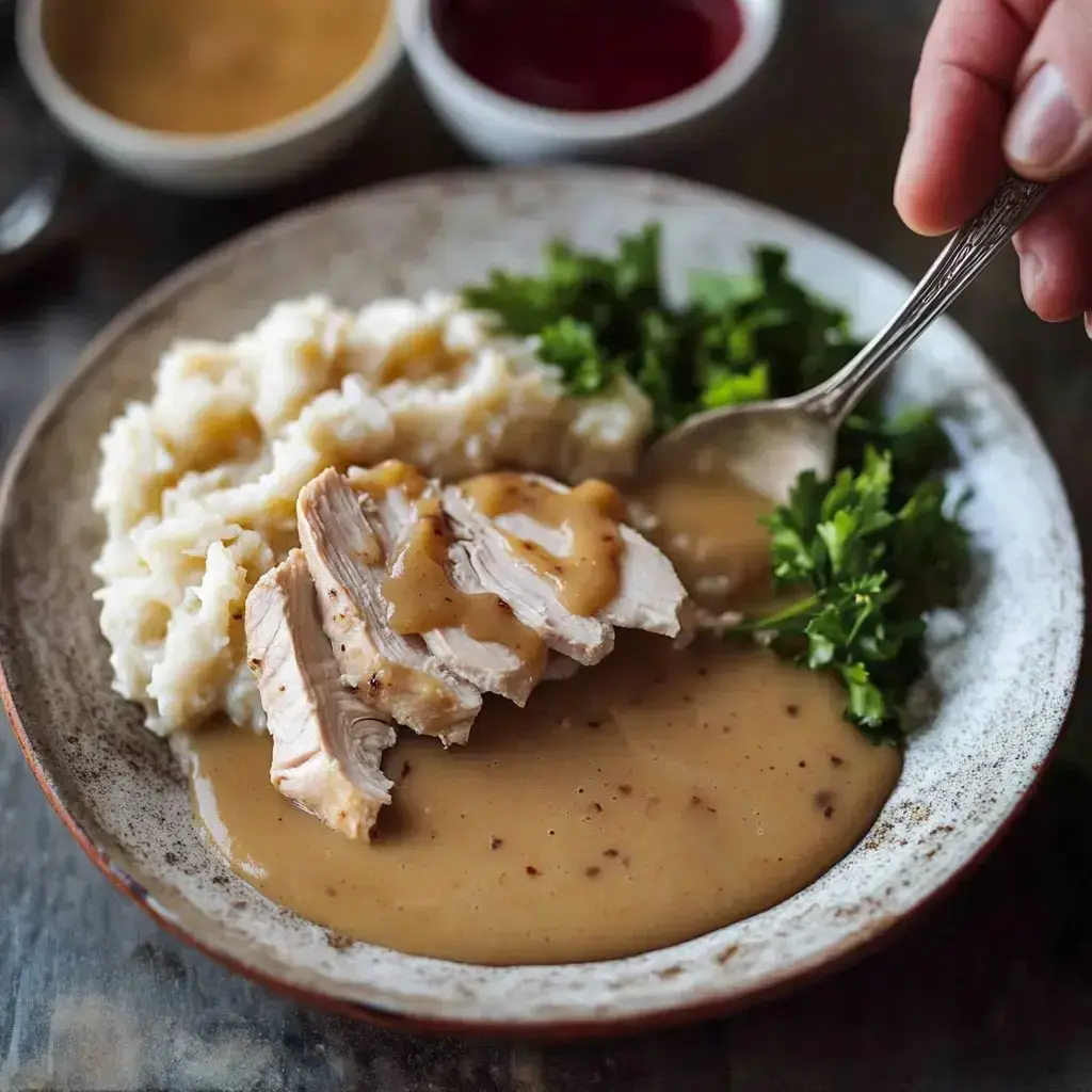 Mashed potatoes and turkey slices loaded with gravy and a sprig of parsley on top, with little bowls of sauces nearby.
