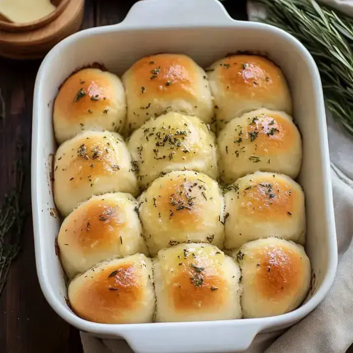 Golden brown rolls sprinkled with herbs, fresh from the oven and nestled in a white pan.
