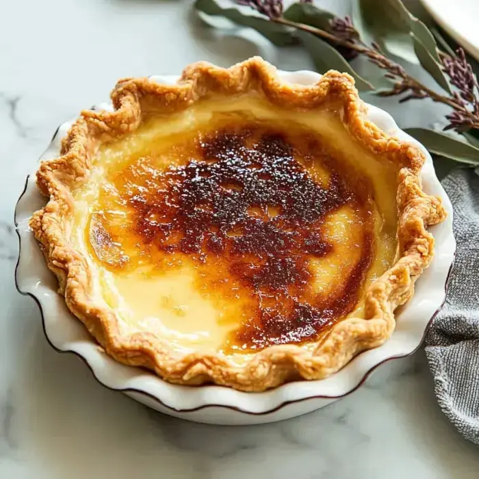A pie with a crispy, caramelized crust rests in a white dish on marble. Green sprigs peek in around it.