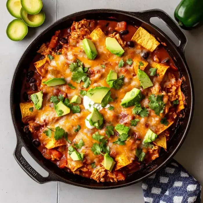 A skillet brimming with gooey cheesy chicken, tortilla bits, fresh cilantro, and slices of avocado, with a green pepper and avocado nearby on the side.