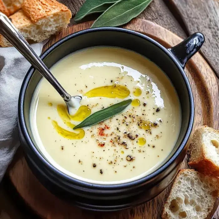 Creamy white soup in a dark dish with shiny olive oil, colorful spices, fresh sage, and bread slices on a wooden tray.