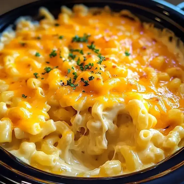 Creamy mac and cheese with gooey cheddar and fresh herbs, up close.