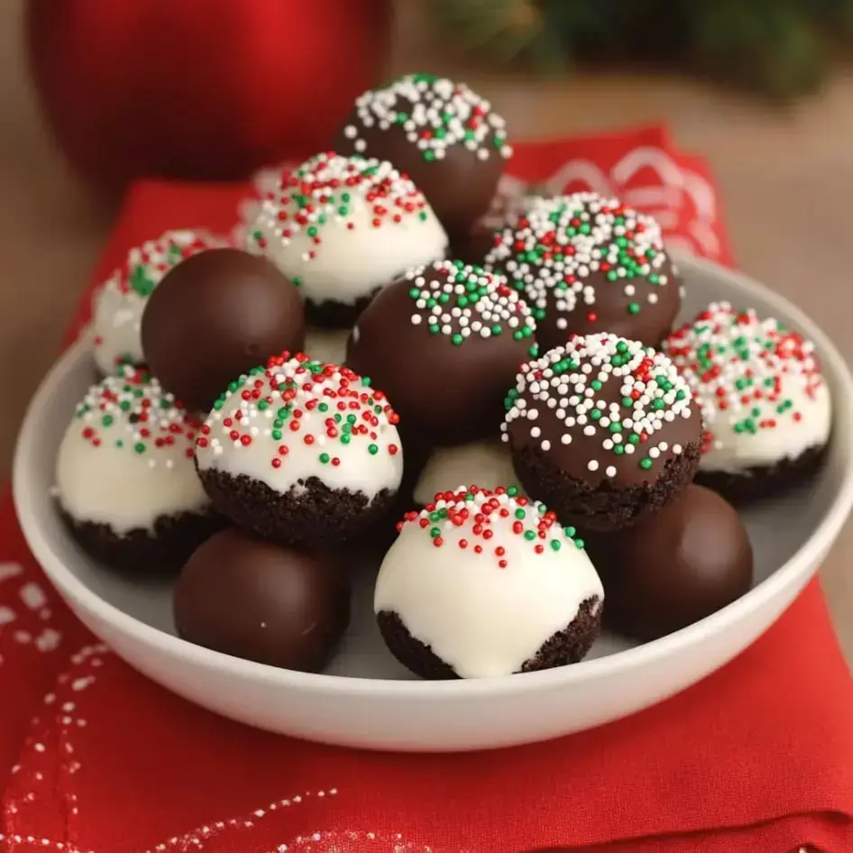 A platter loaded with chocolate and white truffles covered in festive sprinkles, set on a red table.