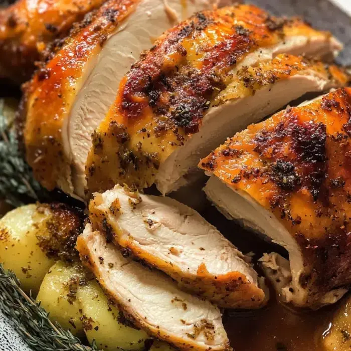 Juicy sliced roast chicken breast topped with herbs and served with potatoes in the background.