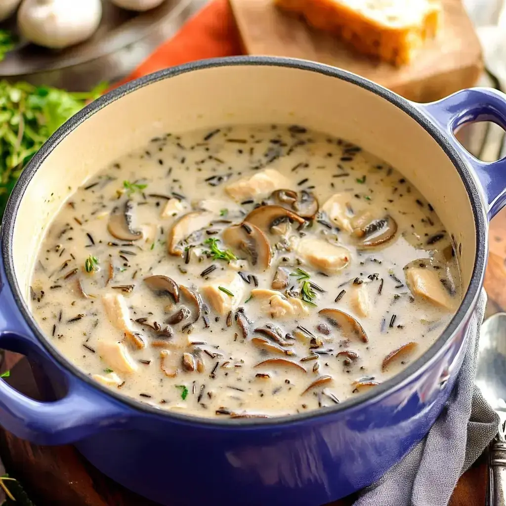 Creamy chicken and mushroom soup with wild rice in a blue pot, finished with herbs.
