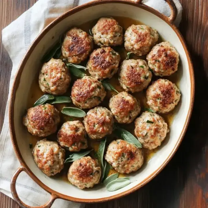 A pile of caramelized meatballs topped with fresh sage, all cozied up in a shallow serving bowl.