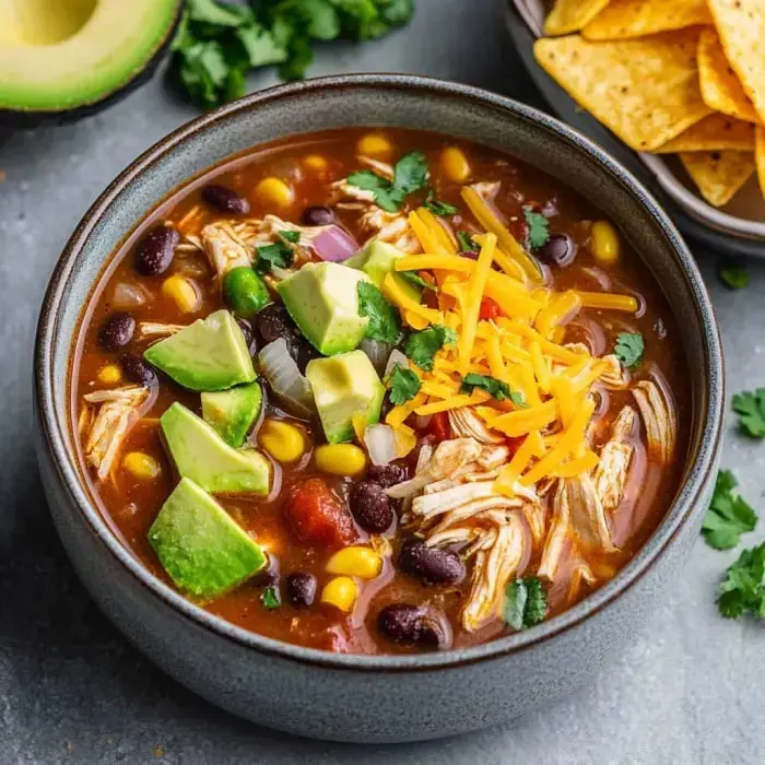 A steaming bowl filled with pulled chicken, black beans, tomatoes, corn, avocado, melty cheese, fresh cilantro, and some tortilla chips on the side.