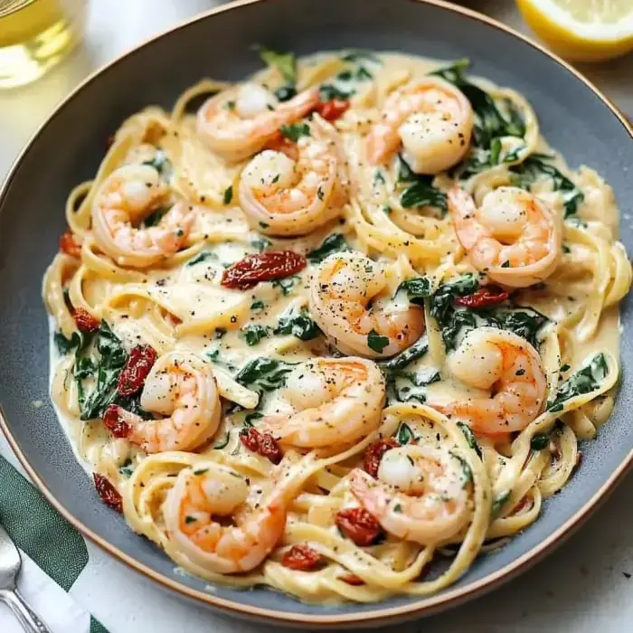 A luscious bowl of creamy linguine featuring shrimp, wilted spinach, and little bites of sun-dried tomato garnished with a lemon wedge.
