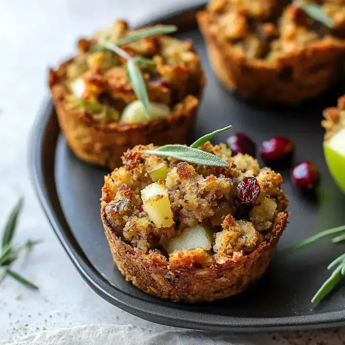 Stuffing cups shaped like muffins with herbs, cranberries, and apples scattered on a dark plate.