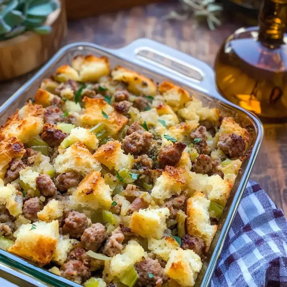 Stuffing baked golden with pieces of sausage, toasted bread, chopped celery, and scattered sprigs of fresh herbs on top.