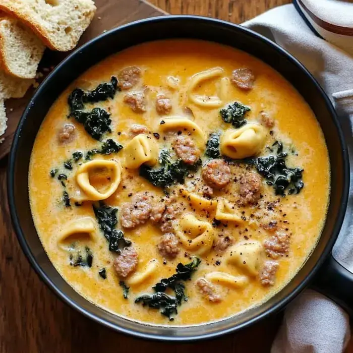 A bowl of creamy soup with pasta, sausage, kale, and served with bread slices.