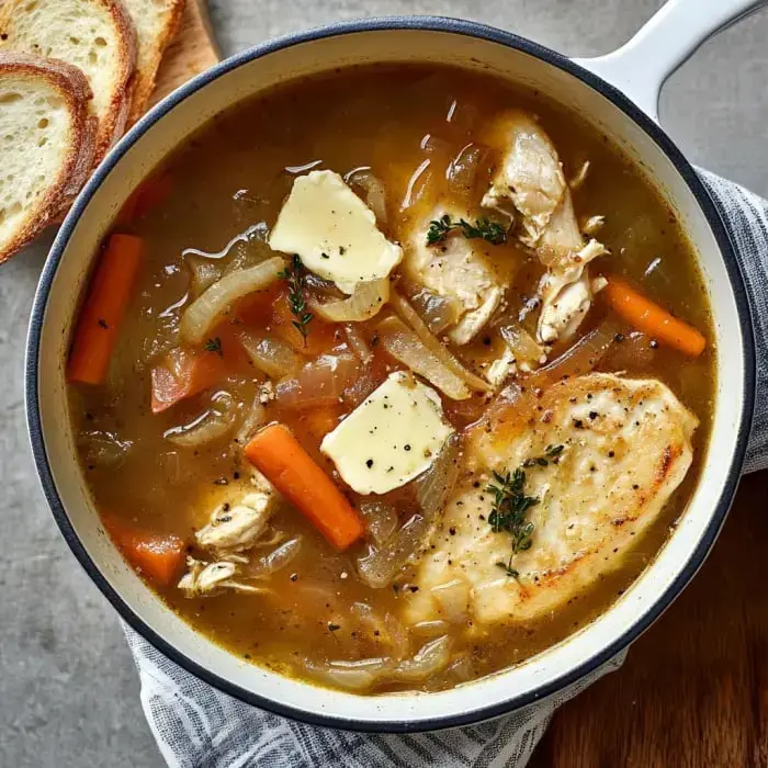 Super close shot of hearty chicken soup with onions, carrots, butter, and fresh thyme, with bread slices next to it.