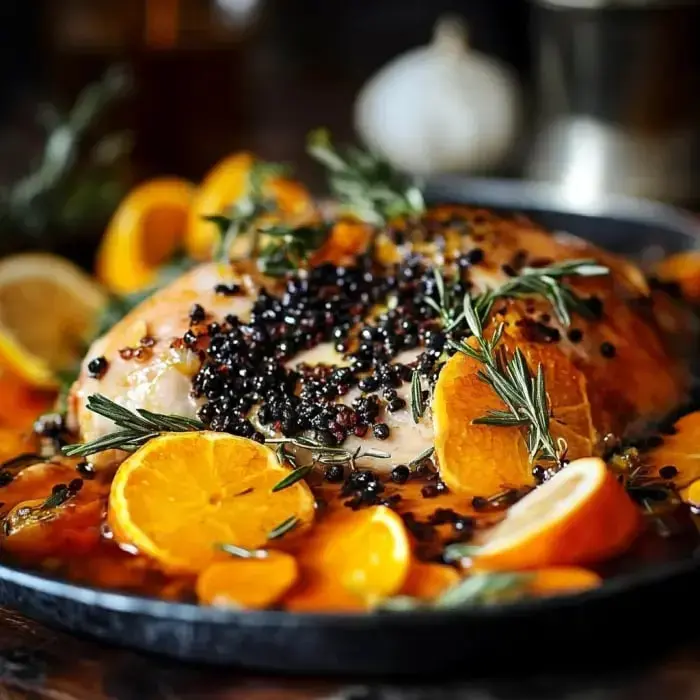 A delicious platter of roasted chicken with citrus wedges, fresh greens, and scattered black seeds.