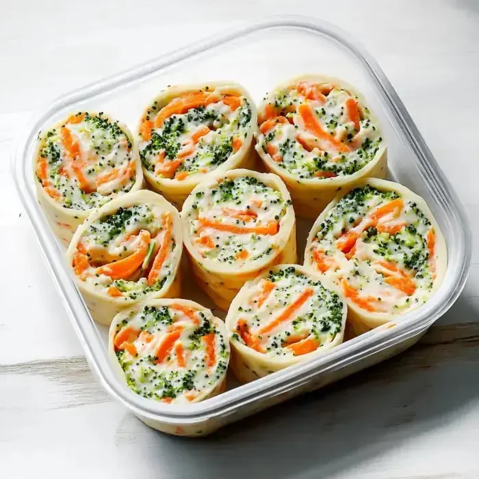 A see-through container packed with cheesy veggie swirls made from carrots and broccoli.