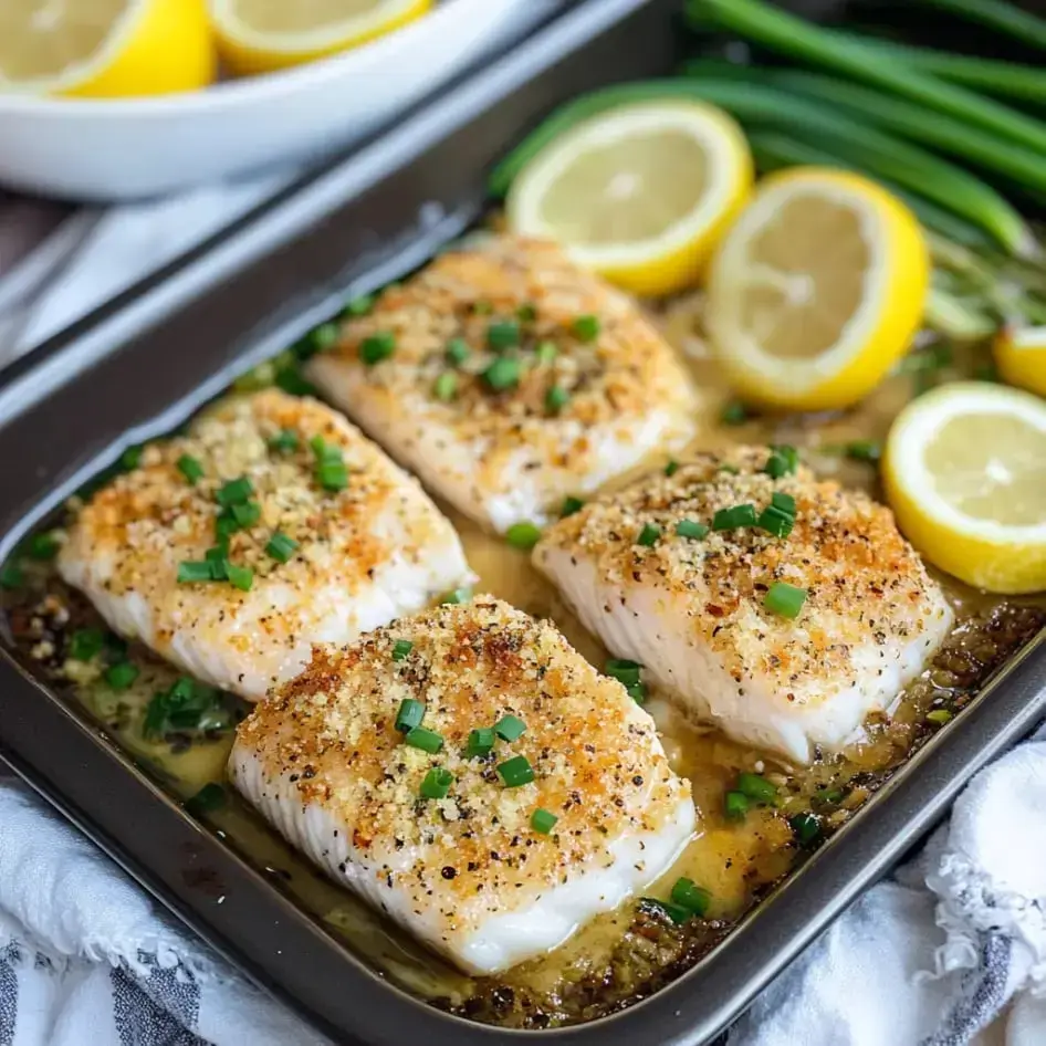 Golden baked fish fillets with a crunchy crumbly topping, arranged with lemon slices and garnished with green onions.