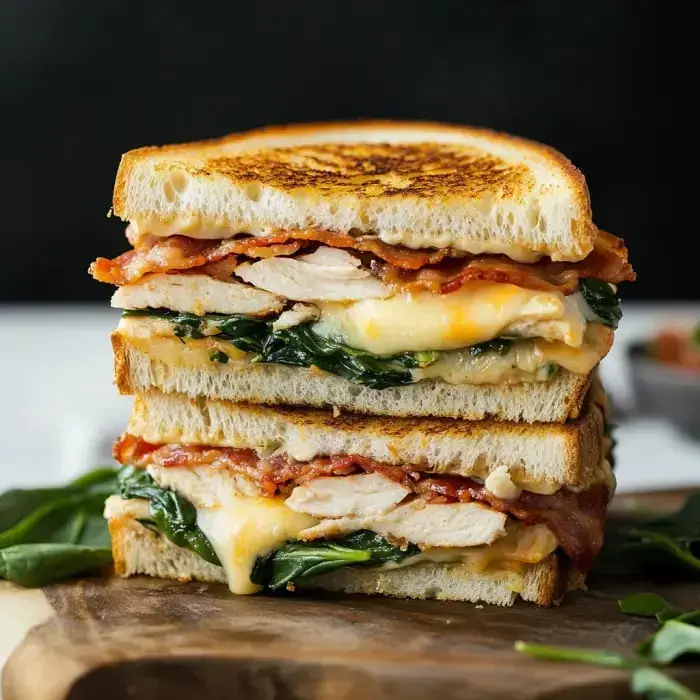 This massive sandwich is stacked high with juicy grilled chicken, gooey cheese, smoky bacon, and fresh spinach on crispy grilled bread.