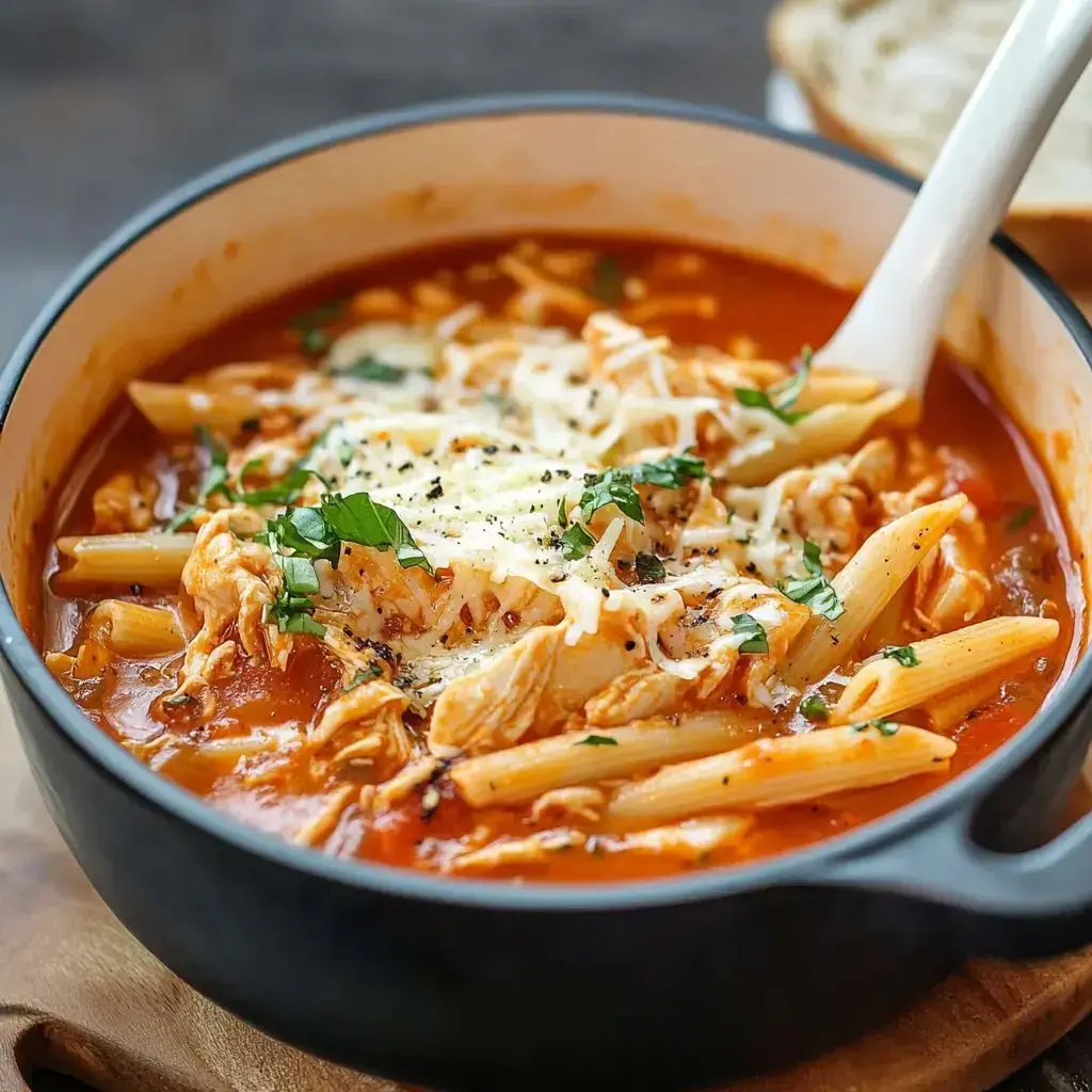 A cozy bowl filled with pasta, pulled chicken, tomato-packed sauce, parmesan on top, and fresh herbs.