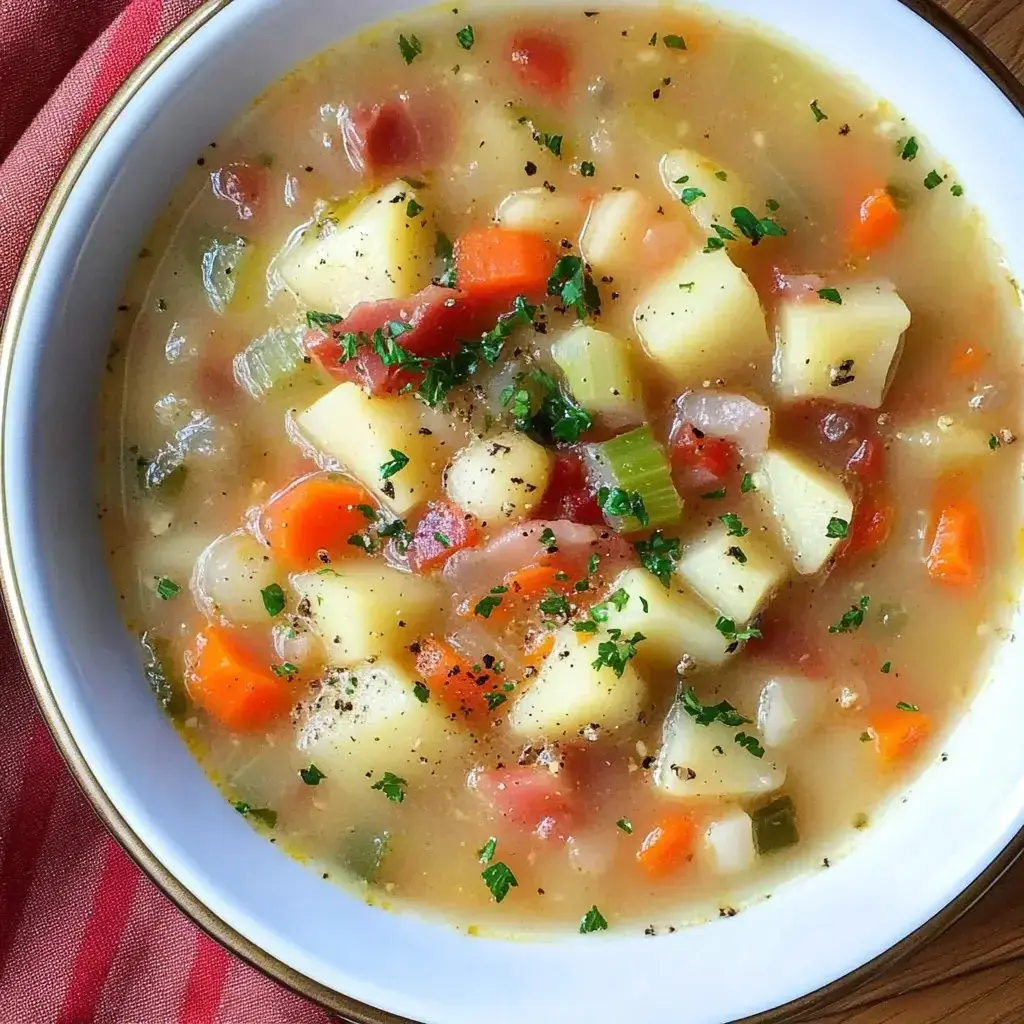 Bright bowl packed with potatoes, carrots, tomatoes, celery bits, and a sprinkle of parsley.