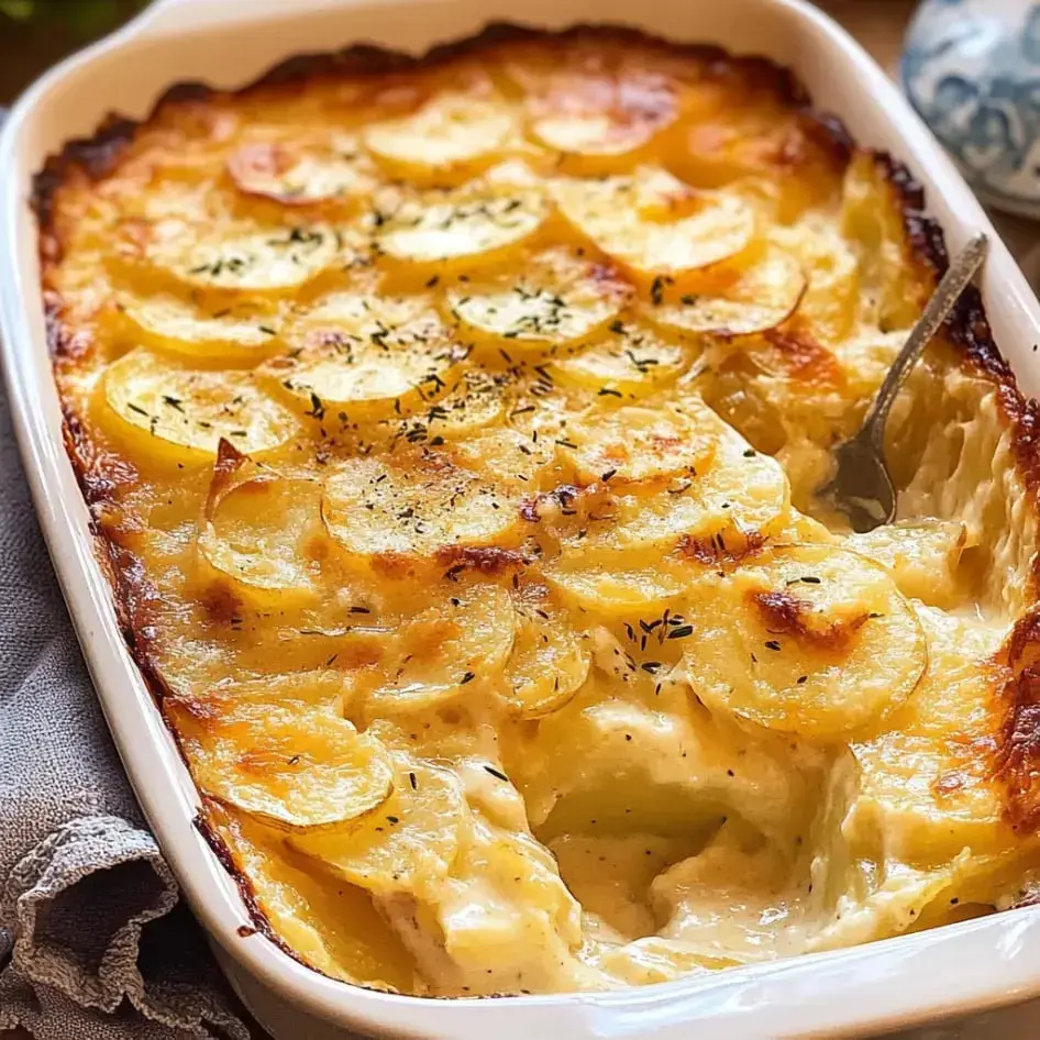Golden cheesy potatoes with a crisp top, lots of creamy sauce, and a sprinkle of fresh herbs.