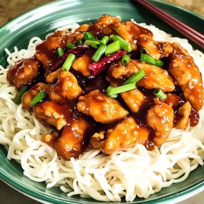 Glossy-coated chicken chunks with green onions on white noodles in a green bowl, looking super tasty.
