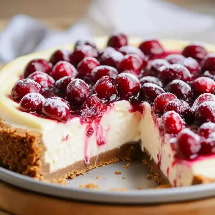 Part of a cheesecake with shiny cranberry topping and whole berries on a cookie crust, ready to eat.