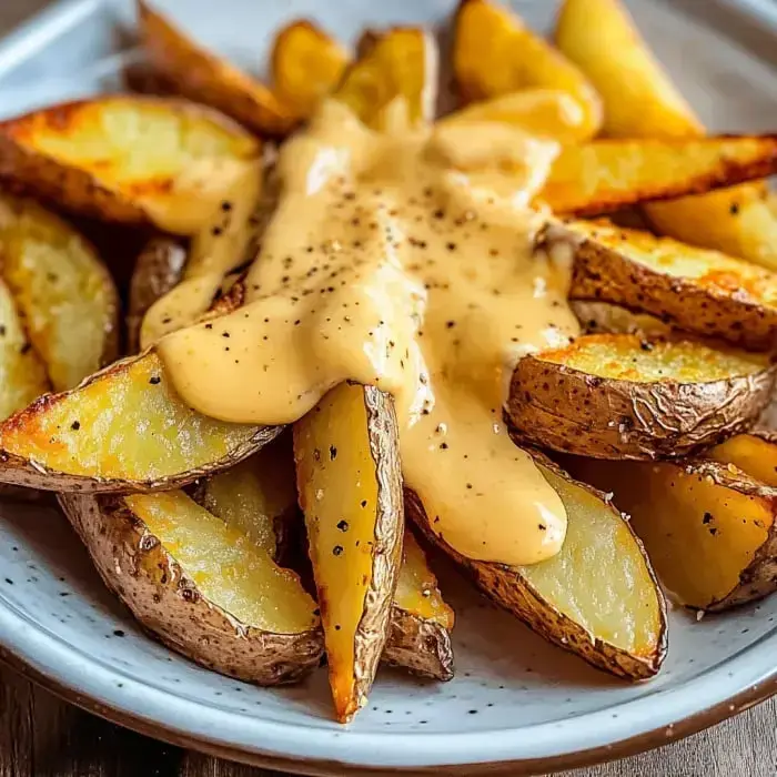 A platter piled with crunchy wedge fries smothered in silky cheese sauce and a sprinkle of black pepper.