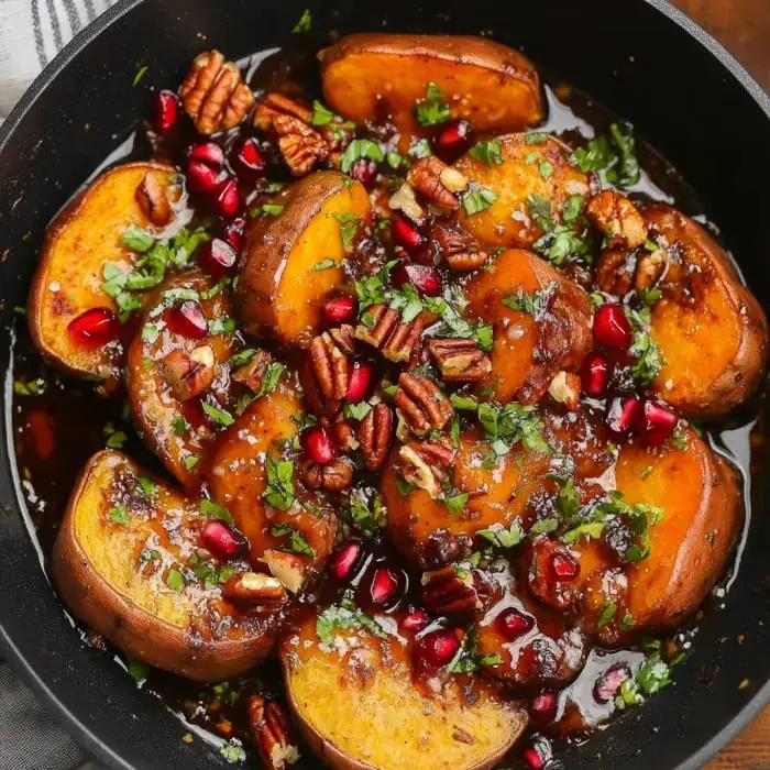 Sliced sweet potatoes in a skillet topped with pomegranate, nuts, and fresh green herbs.