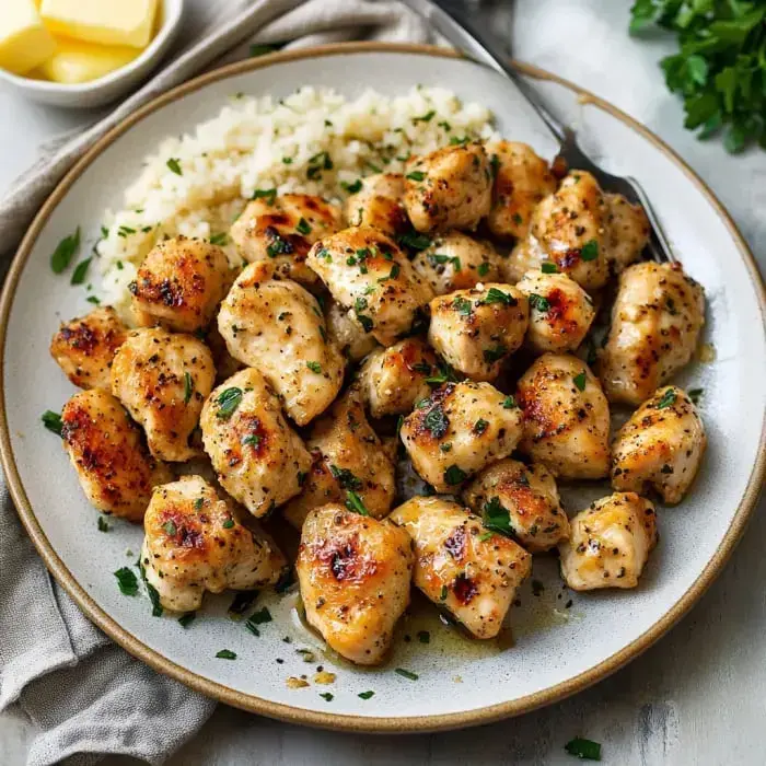 A plate filled with crispy chicken bites, rice, and scattered herbs.