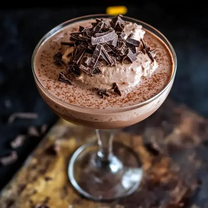 Chocolate dessert in a glass with whipped cream and chocolate curls on top.