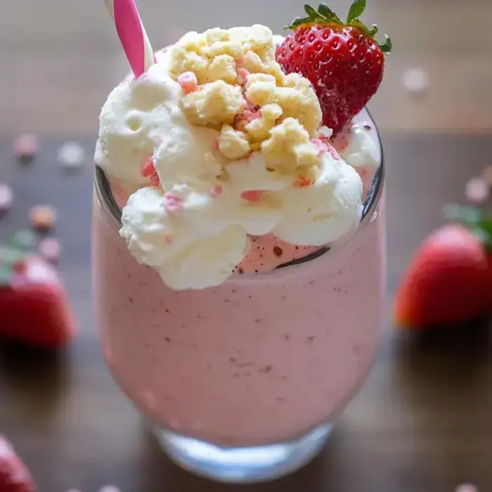 A creamy pink strawberry shake decked with whipped cream, cookie crumbles, and a fresh berry on top with a straw.